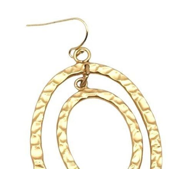 Matte Gold Hammered Oval Dangle Earrings - Picture 5 of 7